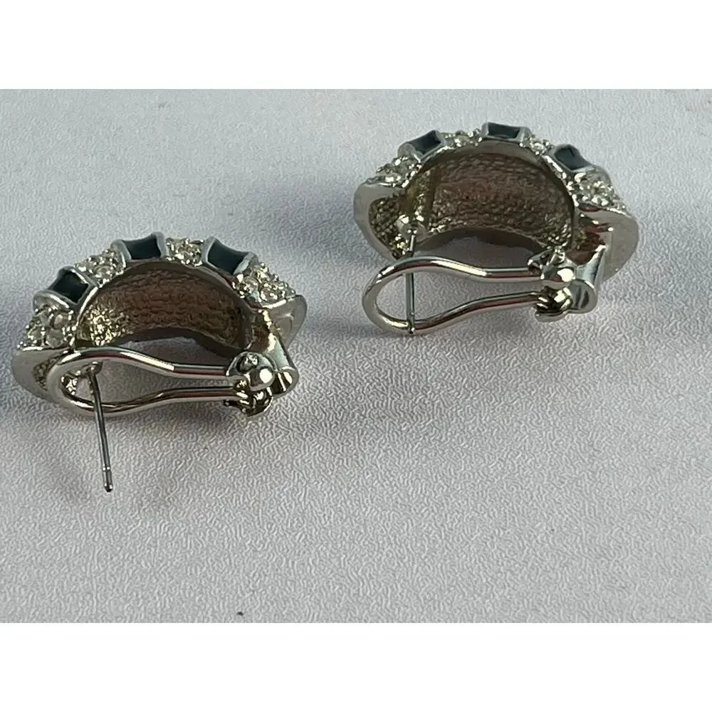 VTG 80s Black Enamel Rhinestone Half Hoop Omega Back Earrings Silver Tone Glam
